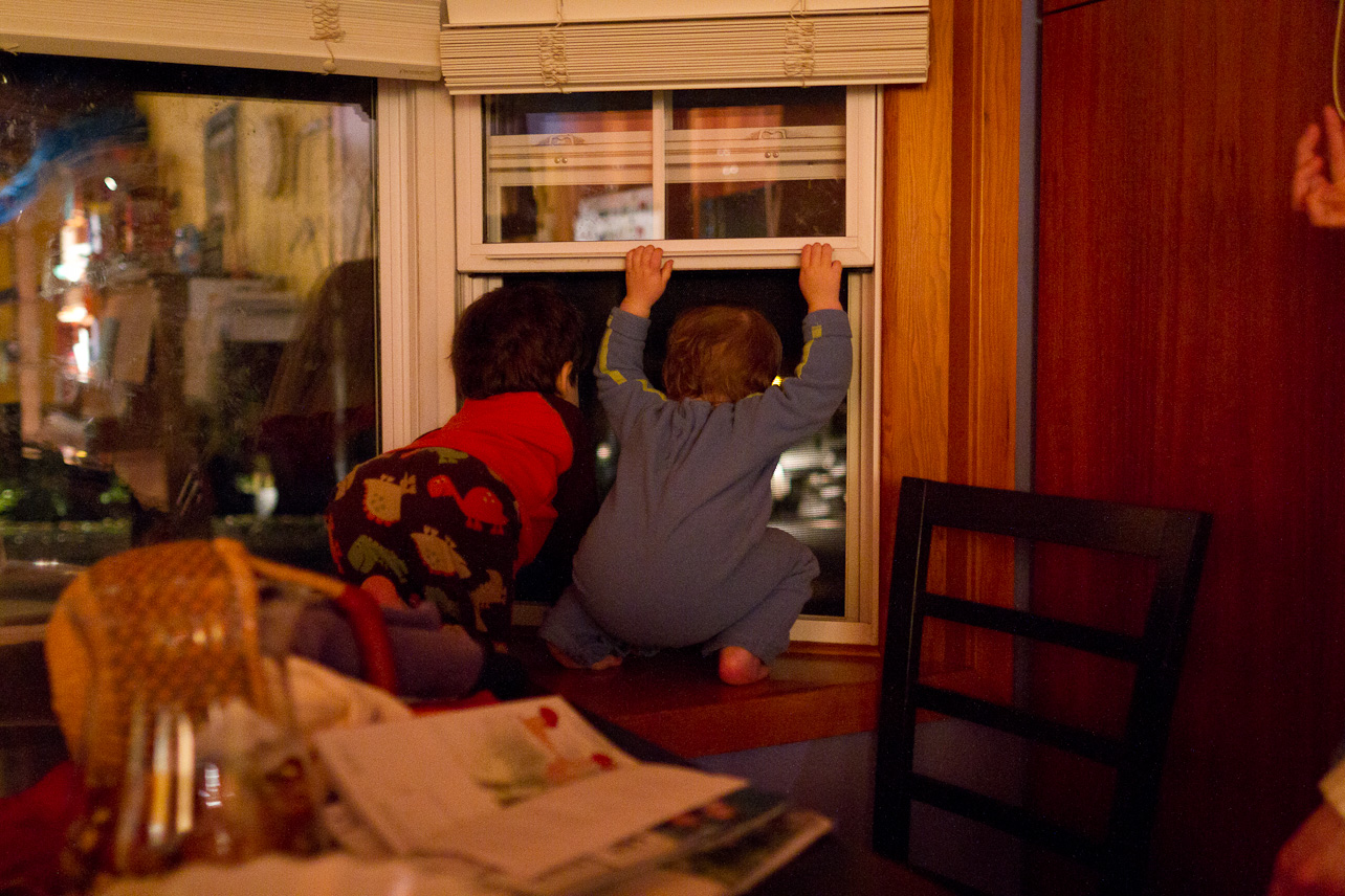 November 09, 2011 - Nighttime, bedtime... but TWO (2) -- really! TWO street-sweeper / vaccuum trucks outside on the street right in front of the house. Who can resist?!??