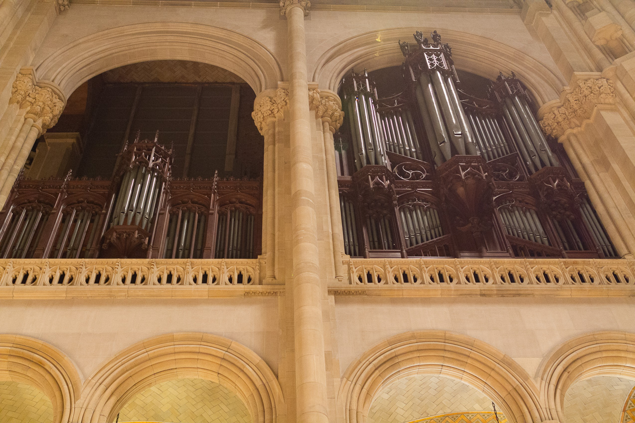  October 13, 2014 - Back in the Cathedral of St. John the Divine, for an organ demo and a chance for Peter to play too. The Great Organ was built by the Ernest M. Skinner Company in 1910 as Op. 150, and rebuilt and enlarged by G. Donald Harrison of Aeolian-Skinner in 1954 as Op. 150-A. After a devastating fire in 2001, the Great Organ was painstakingly restored by Quimby Pipe Organs of Warrensburgh, Missouri under the supervision of Douglass Hunt, Organ Curator of the Cathedral.